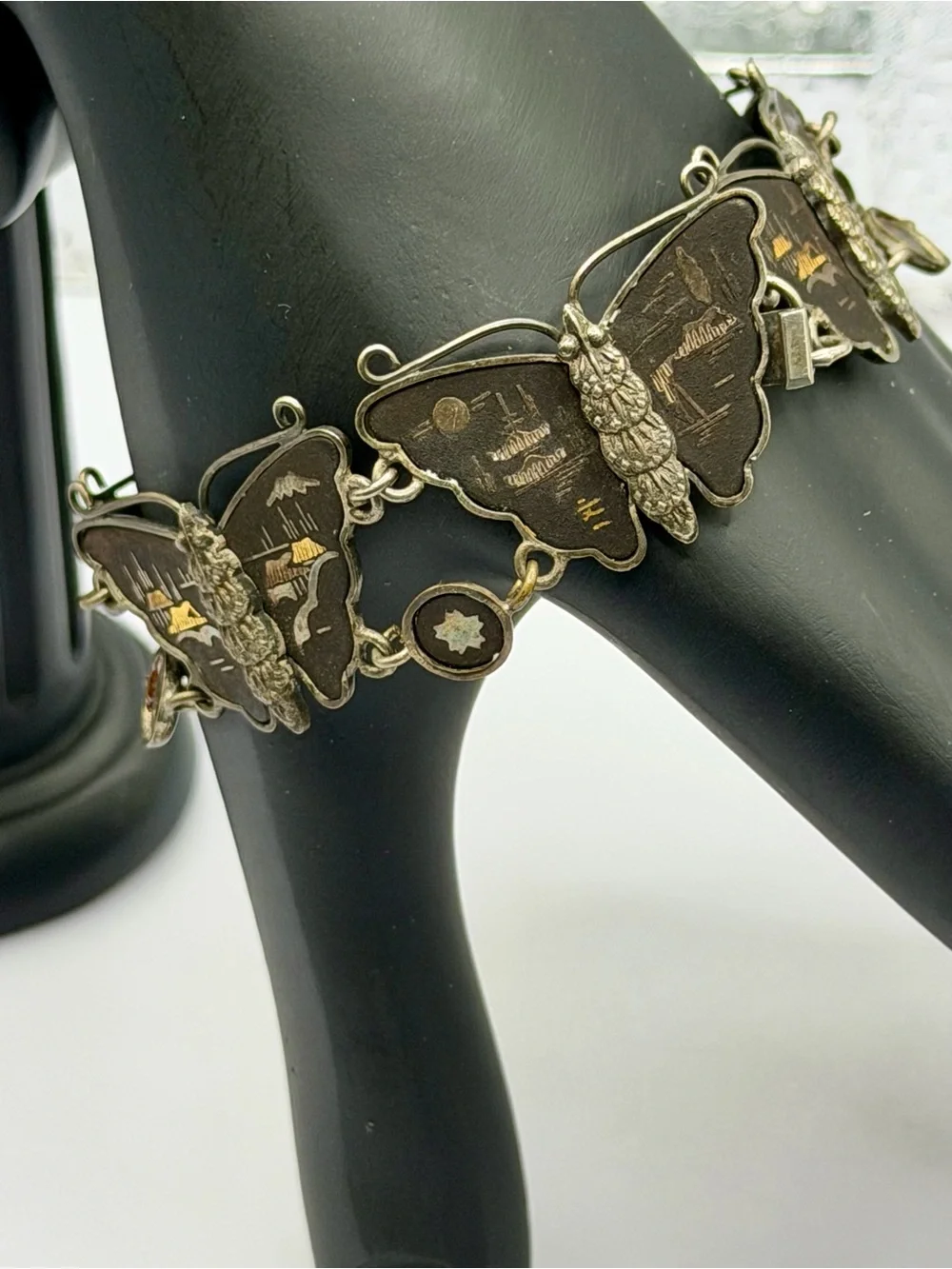 Vintage Japanese Damascene Butterfly Link Bracelet - Gold & Silver Inlay